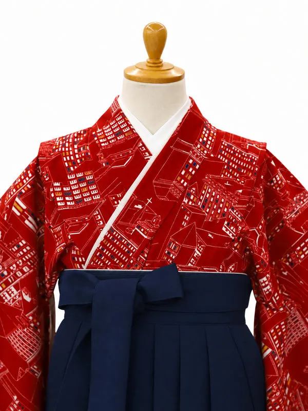 小学生卒業式かんたん袴(女の子)ママも安心　マンハッタン・赤×紺