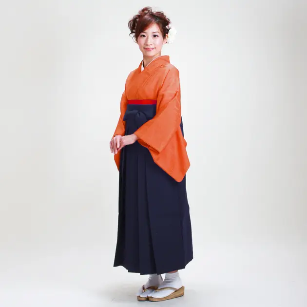 卒業式袴 正絹 ｵﾚﾝｼﾞ 38 紺袴【身長155cm位】