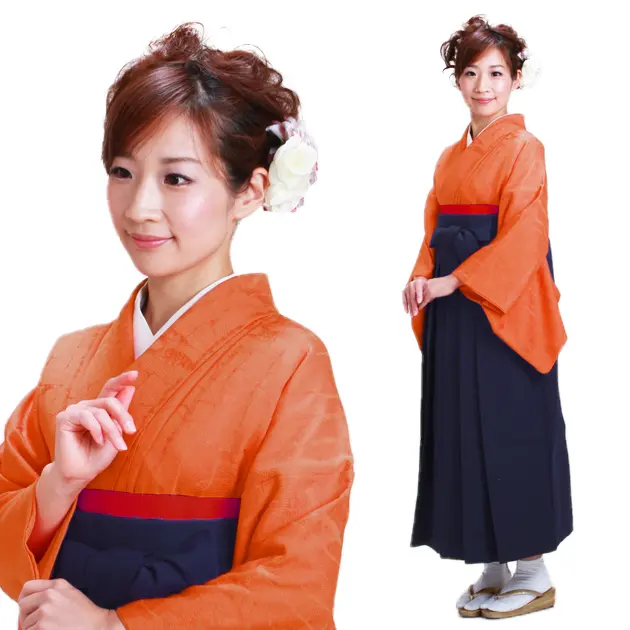 卒業式袴 正絹 ｵﾚﾝｼﾞ 38 紺袴【身長155cm位】