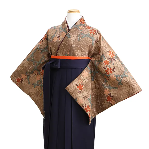卒業式袴 小紋 茶色 95 紺袴【身長150cm位】