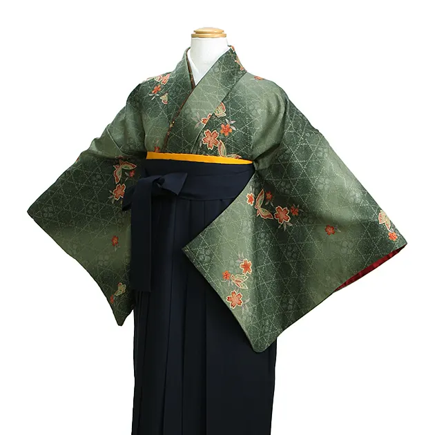 卒業式袴 小紋 ｸﾞﾘｰﾝ 96 紺袴【身長155cm位】