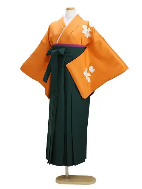 【正絹】卒業式袴 訪問着 ｵﾚﾝｼﾞ 10 緑袴【身長155cm位】