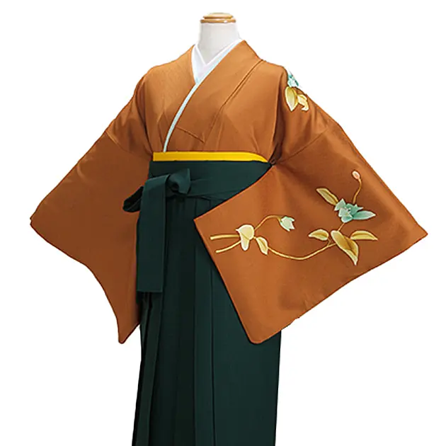 【正絹】卒業式袴 訪問着 茶色 13 緑袴【身長155cm位】