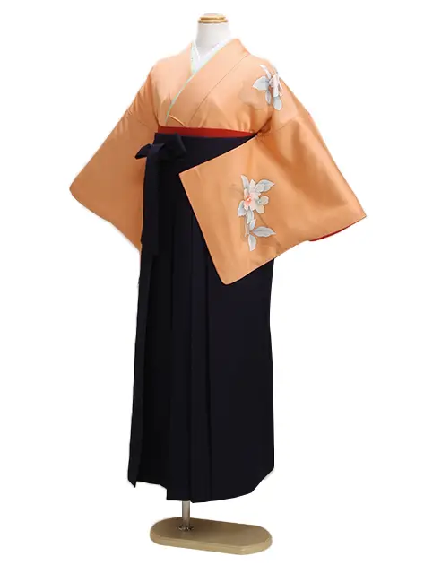 【正絹】卒業式袴 訪問着 薄ｵﾚﾝｼﾞ 14 紺袴【身長150cm位】