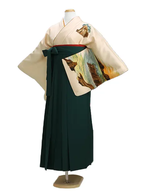 卒業式袴 訪問着 ｸﾘｰﾑ 15 緑袴【身長150cm位】
