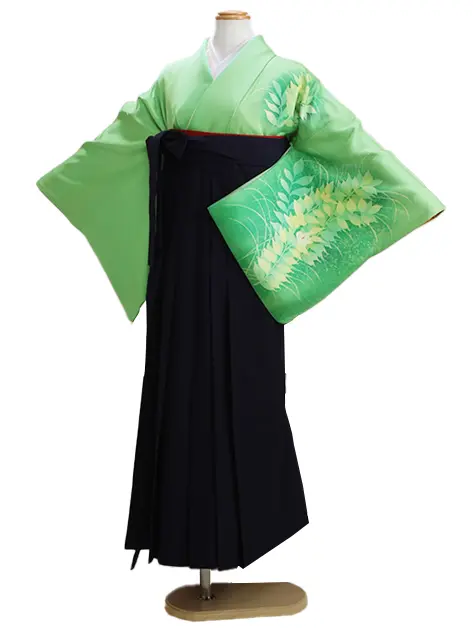 【正絹】卒業式袴 訪問着 ｸﾞﾘｰﾝ 16 紺袴【身長155cm位】