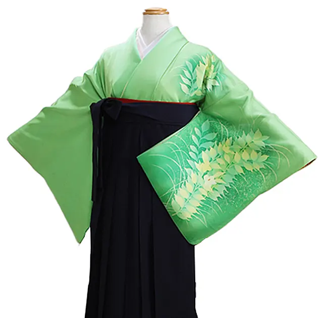 【正絹】卒業式袴 訪問着 ｸﾞﾘｰﾝ 16 紺袴【身長155cm位】