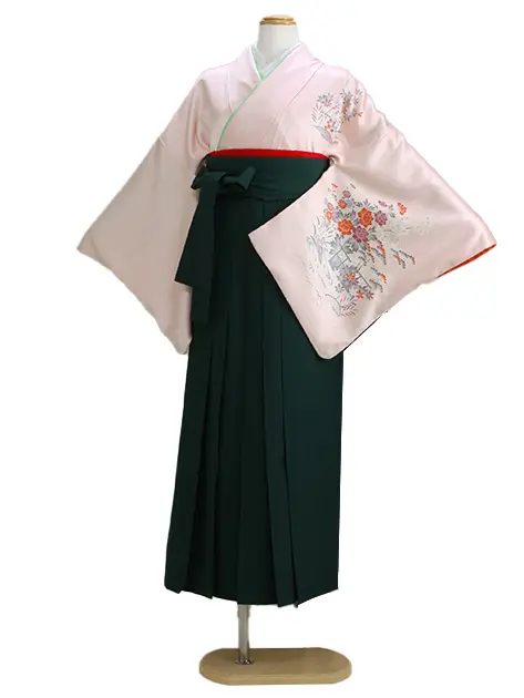 【正絹】卒業式袴 訪問着 ﾋﾟﾝｸ 24 緑袴【身長160cm位】