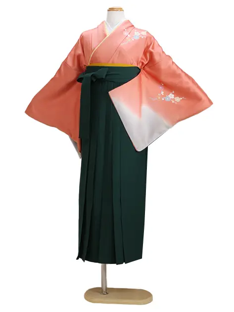 【正絹】卒業式袴 訪問着 ｻｰﾓﾝﾋﾟﾝｸ 26 緑袴【身長165cm位】