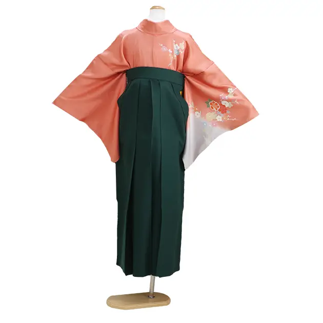 【正絹】卒業式袴 訪問着 ｻｰﾓﾝﾋﾟﾝｸ 26 緑袴【身長165cm位】