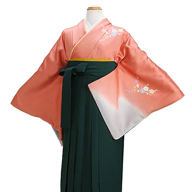 【正絹】卒業式袴 訪問着 ｻｰﾓﾝﾋﾟﾝｸ 26 緑袴【身長165cm位】