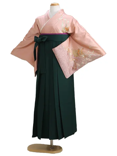 【正絹】卒業式袴 訪問着 ｻｰﾓﾝﾋﾟﾝｸ 27 緑袴【身長155cm位】