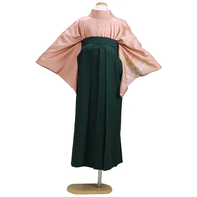 【正絹】卒業式袴 訪問着 ｻｰﾓﾝﾋﾟﾝｸ 27 緑袴【身長155cm位】