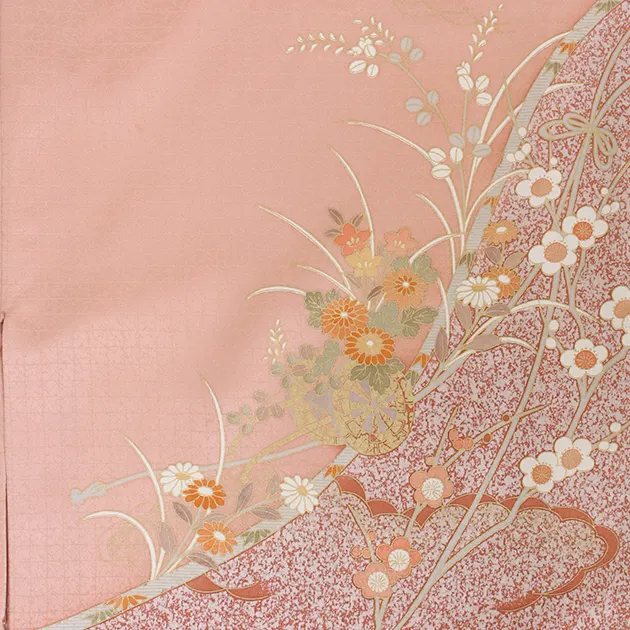 【正絹】卒業式袴 訪問着 ｻｰﾓﾝﾋﾟﾝｸ 27 緑袴【身長155cm位】