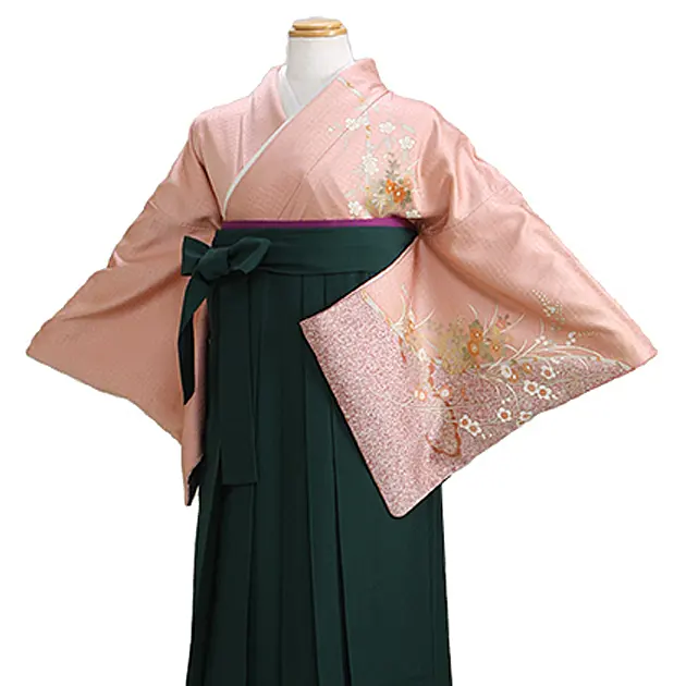 【正絹】卒業式袴 訪問着 ｻｰﾓﾝﾋﾟﾝｸ 27 緑袴【身長155cm位】