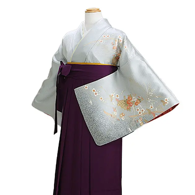 【正絹】卒業式袴 訪問着 ﾌﾞﾙｰｸﾞﾚｰ 30 紫袴【身長150cm位】