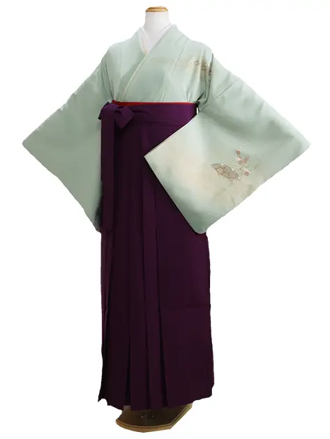 【正絹】卒業式袴 訪問着 ｸﾞﾚｰｸﾞﾘｰﾝ 32 紫袴【身長155cm位】