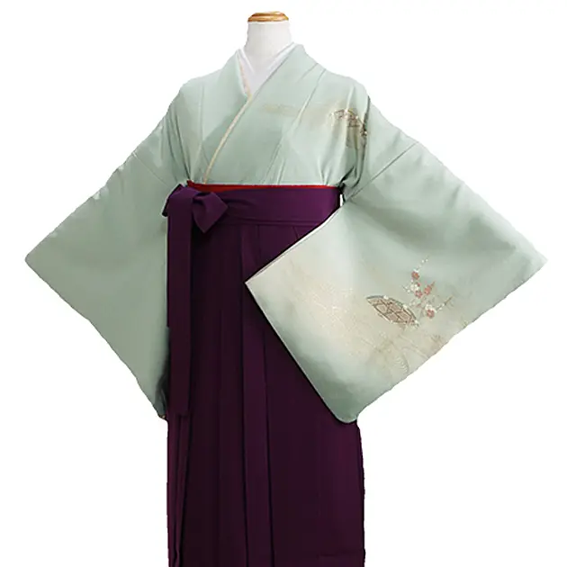 【正絹】卒業式袴 訪問着 ｸﾞﾚｰｸﾞﾘｰﾝ 32 紫袴【身長155cm位】