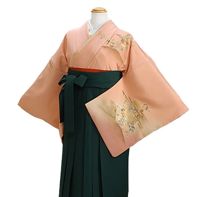 【正絹】卒業式袴 訪問着 ｻｰﾓﾝﾋﾟﾝｸ 38 緑袴【身長160cm位】