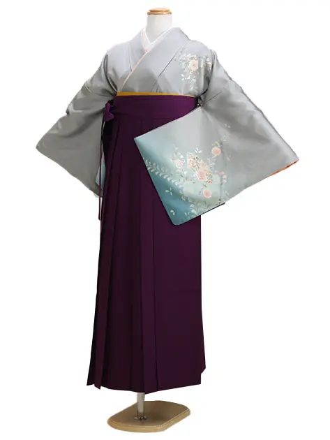 【正絹】卒業式袴 訪問着 ｸﾞﾚｰ 51 紫袴【身長155cm位】