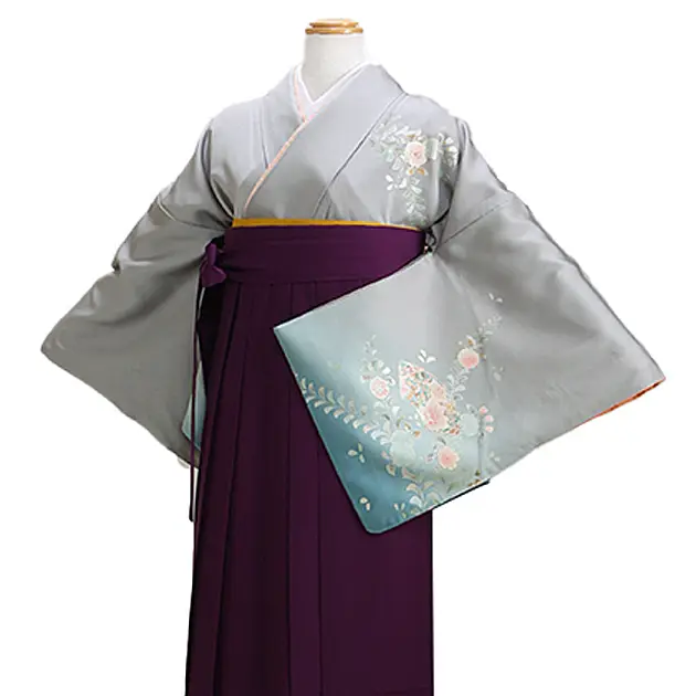 【正絹】卒業式袴 訪問着 ｸﾞﾚｰ 51 紫袴【身長155cm位】