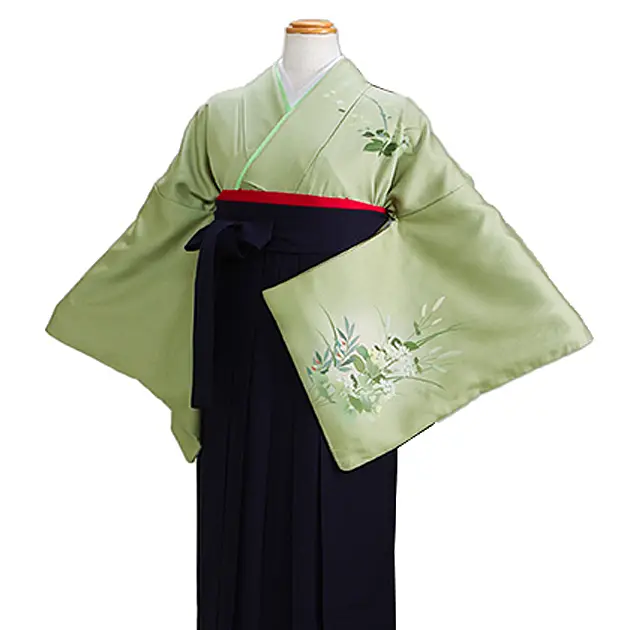 【正絹】卒業式袴 訪問着 ﾓｽｸﾞﾘｰﾝ 52 紺袴【身長155cm位】