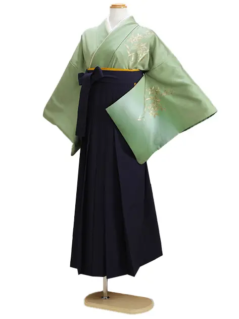 【正絹】卒業式袴 訪問着 ﾓｽｸﾞﾘｰﾝ 56 紺袴【身長160cm位】