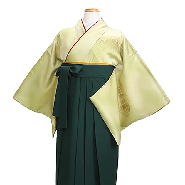 【正絹】袴【大きいサイズ】訪問着 ｺﾞｰﾙﾄﾞ 58 緑袴【身長150cm位】