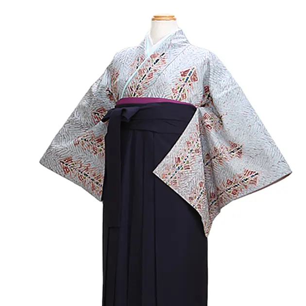 【正絹】袴【大きいサイズ】訪問着 紫ｸﾞﾚｰ 59 紺袴【身長155cm位】