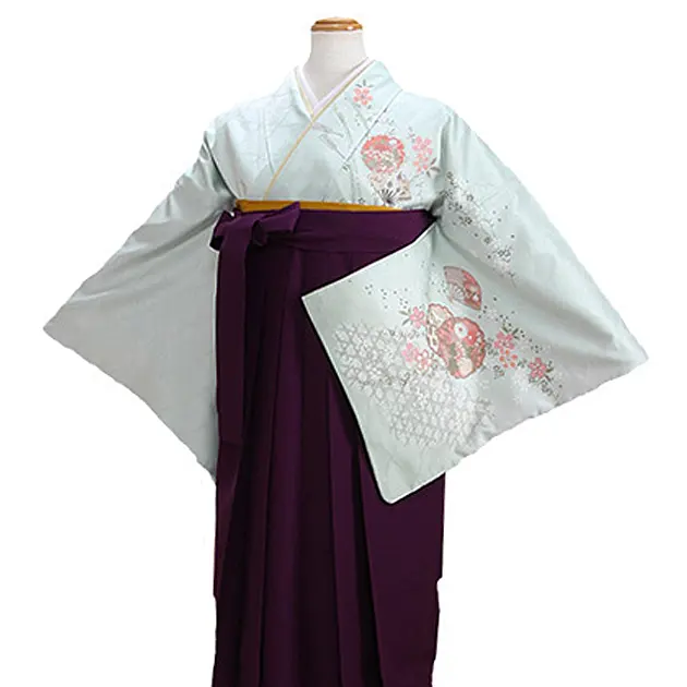 卒業式袴 訪問着 ｸﾞﾚｰｸﾞﾘｰﾝ 104 紫袴【身長155cm位】