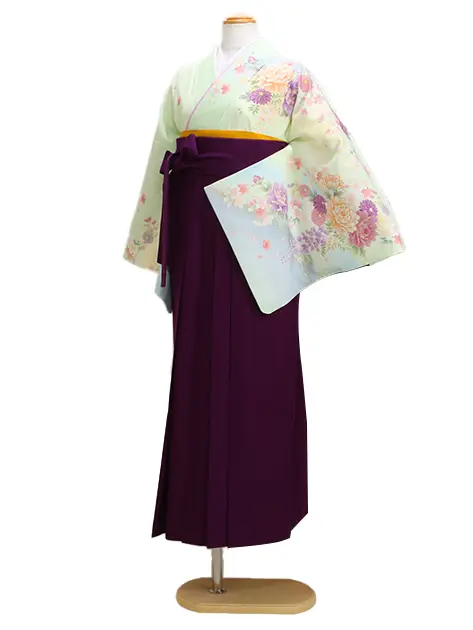 卒業式袴 訪問着 黄緑色･ｸﾞﾚｰ 183 紫袴【身長155cm位】