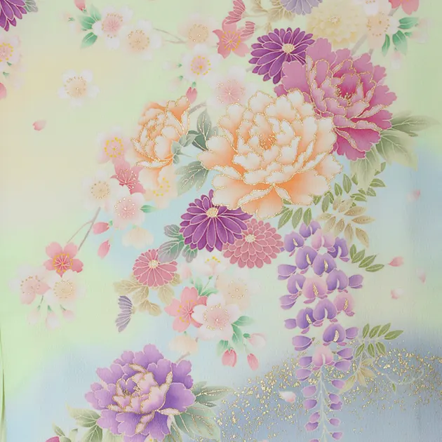 卒業式袴 訪問着 黄緑色･ｸﾞﾚｰ 183 紫袴【身長155cm位】