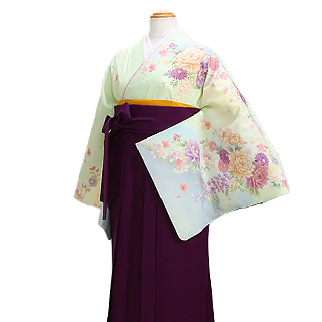 卒業式袴 訪問着 黄緑色･ｸﾞﾚｰ 183 紫袴【身長155cm位】