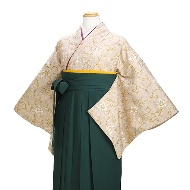 【正絹】卒業式袴 小紋 ﾍﾞｰｼﾞｭ 61 緑袴【身長155cm位】