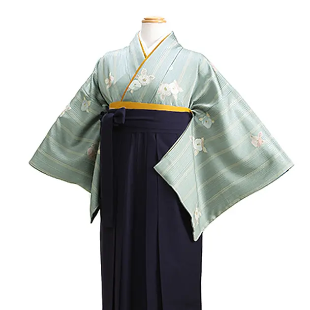 【正絹】卒業式袴 小紋 ﾌﾞﾙｰｸﾞﾚｰ 63 紺袴【身長155cm位】