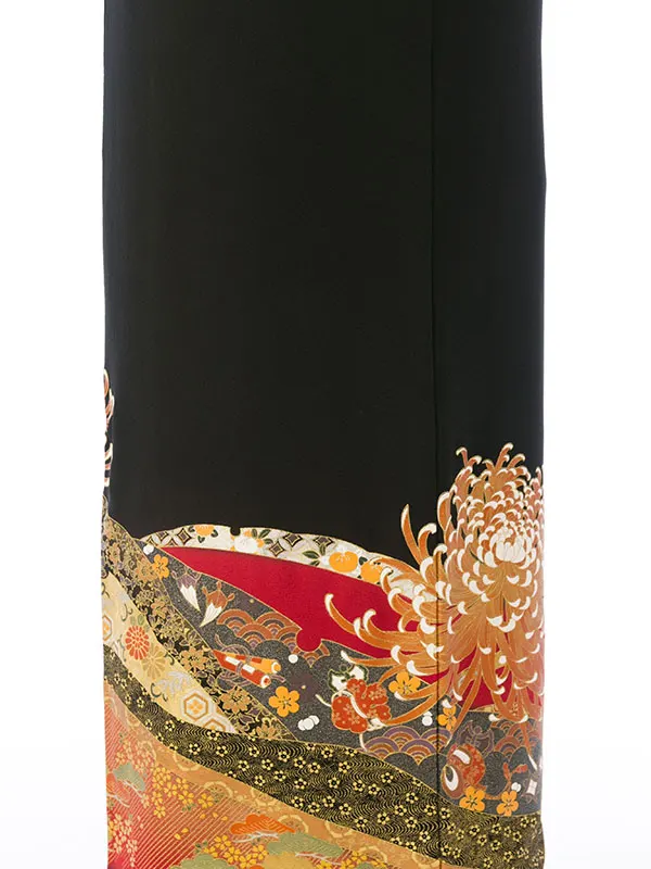 黒留袖 MT-020 扇面に四季草花 飛翔鶴 金箔