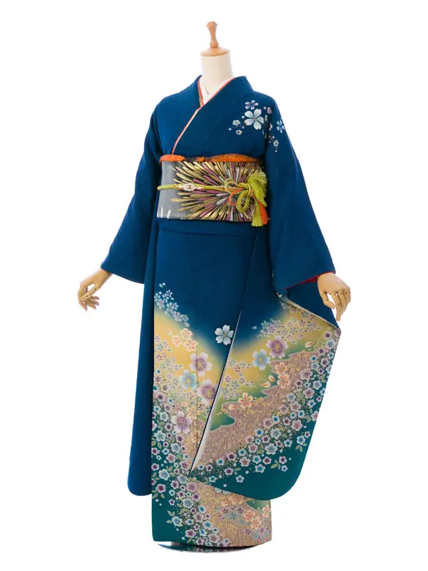 振袖 4S785 紺ﾗﾒ織 黄ぼかし 小花