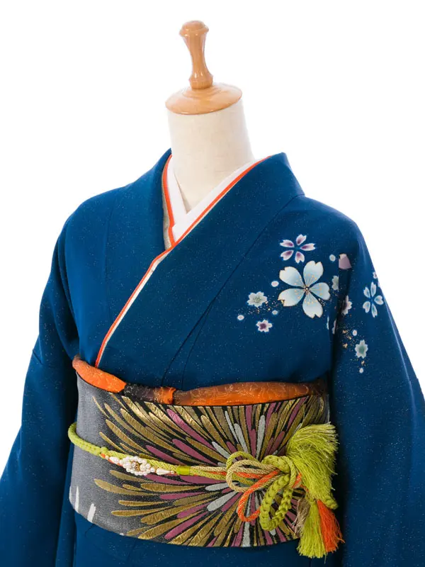 振袖 4S785 紺ﾗﾒ織 黄ぼかし 小花