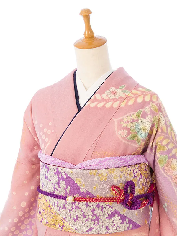 振袖 5S107 ﾋﾟﾝｸﾗﾒ織 紫ぼかし 辻が花 金彩