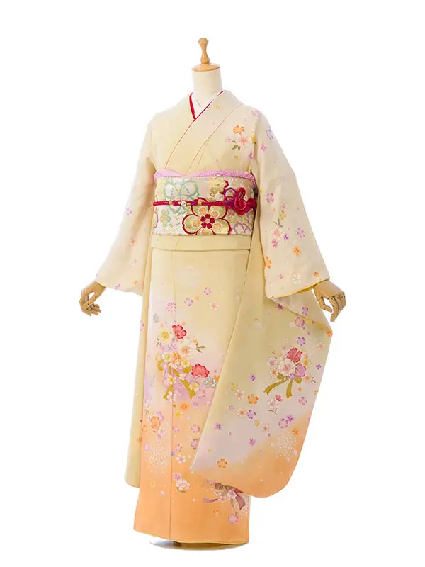 振袖 5S174 薄黄色 花にﾘﾎﾞﾝ