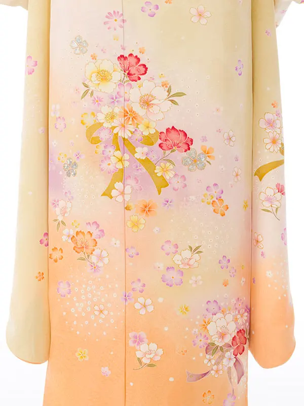 振袖 5S174 薄黄色 花にﾘﾎﾞﾝ
