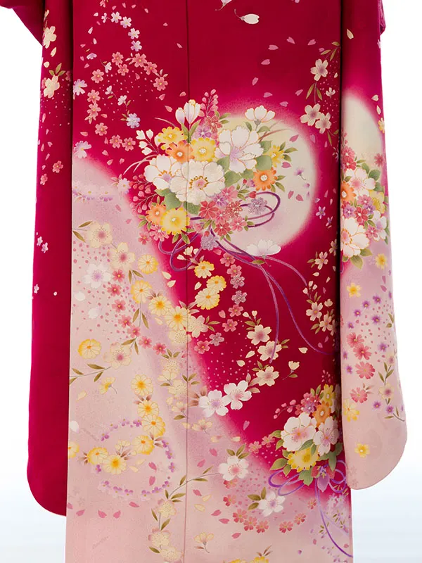 振袖 5S276 赤地 裾ﾋﾟﾝｸぼかし 花玉 小桜