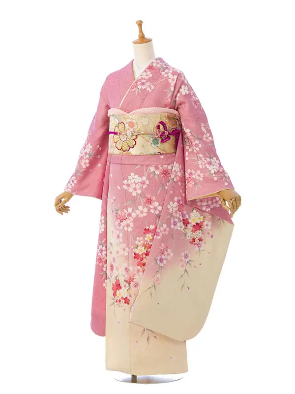 振袖 5S373 ﾋﾟﾝｸ地 裾ｸﾘｰﾑ 桜花籠
