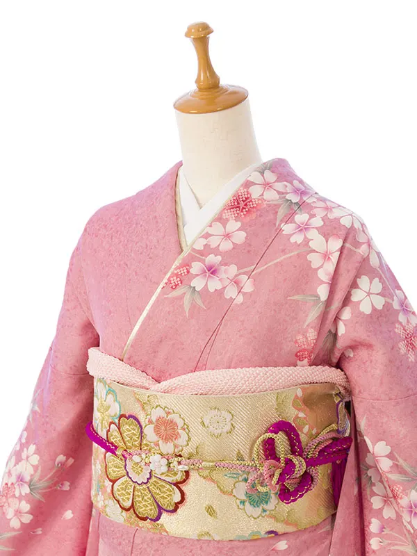 振袖 5S373 ﾋﾟﾝｸ地 裾ｸﾘｰﾑ 桜花籠