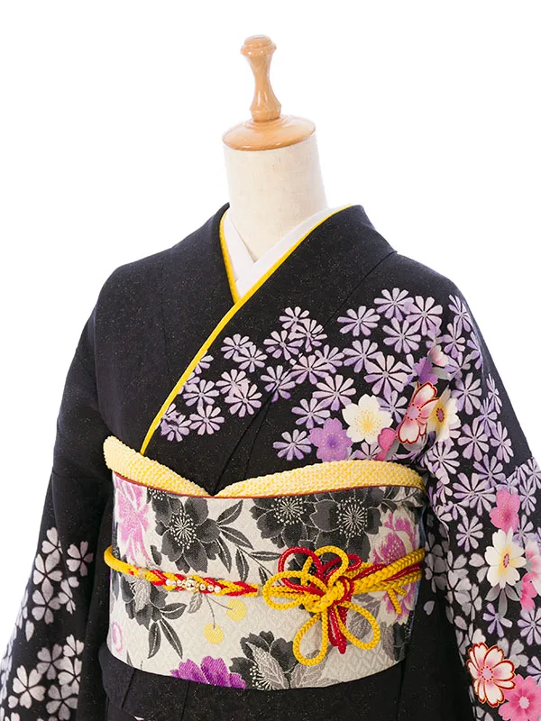 振袖 5S513 黒ﾗﾒ地 桜 まり 花車
