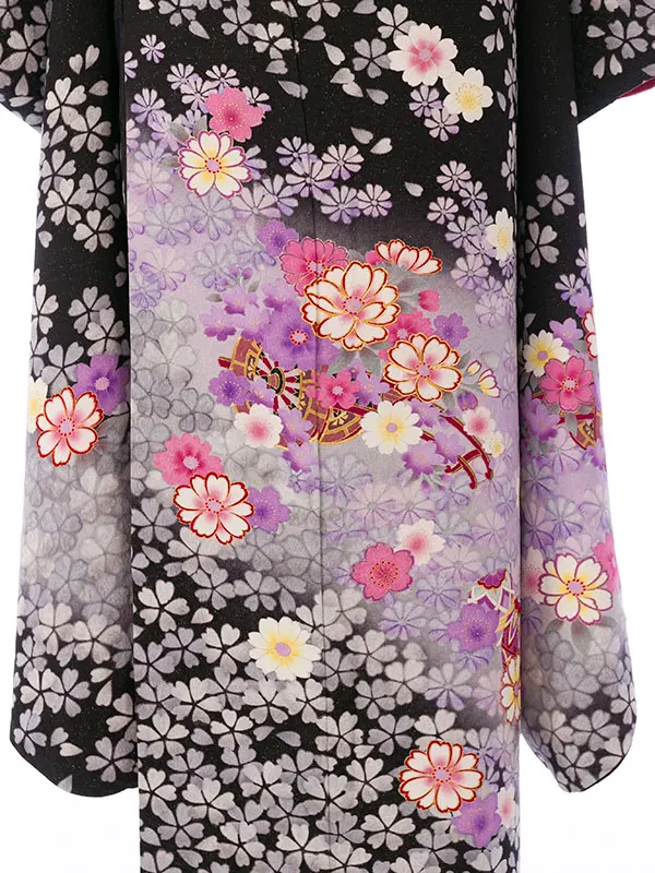 振袖 5S513 黒ﾗﾒ地 桜 まり 花車