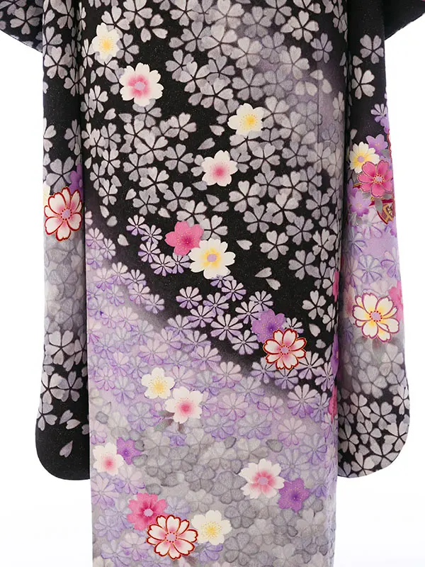 振袖 5S513 黒ﾗﾒ地 桜 まり 花車