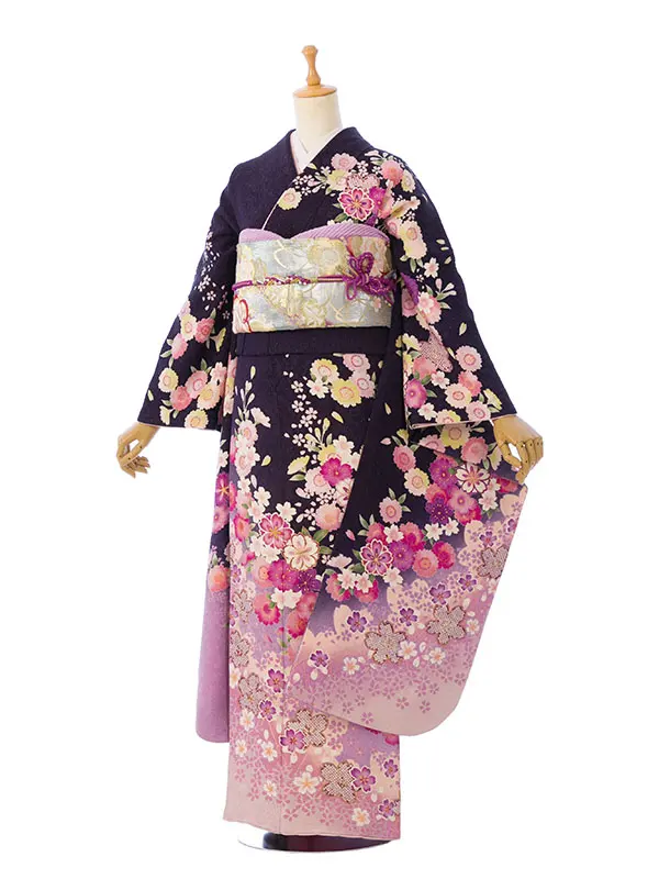 振袖 5S560 紫ﾗﾒ 裾ﾋﾟﾝｸ 桜 絞り柄入