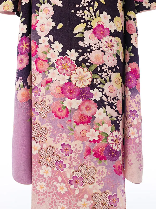 振袖 5S560 紫ﾗﾒ 裾ﾋﾟﾝｸ 桜 絞り柄入