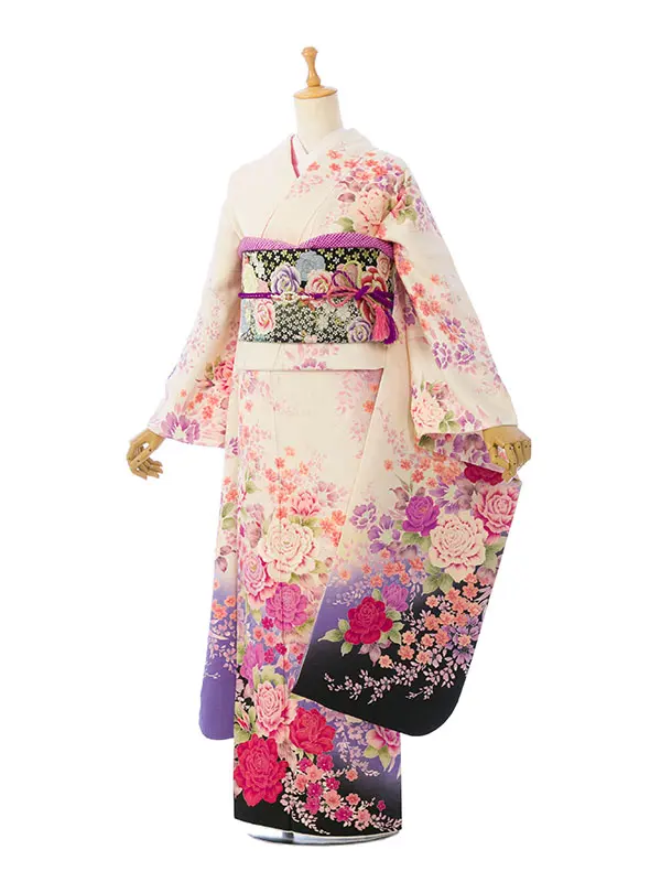 振袖 5S640 白地 紫ぼかし 薔薇と小花